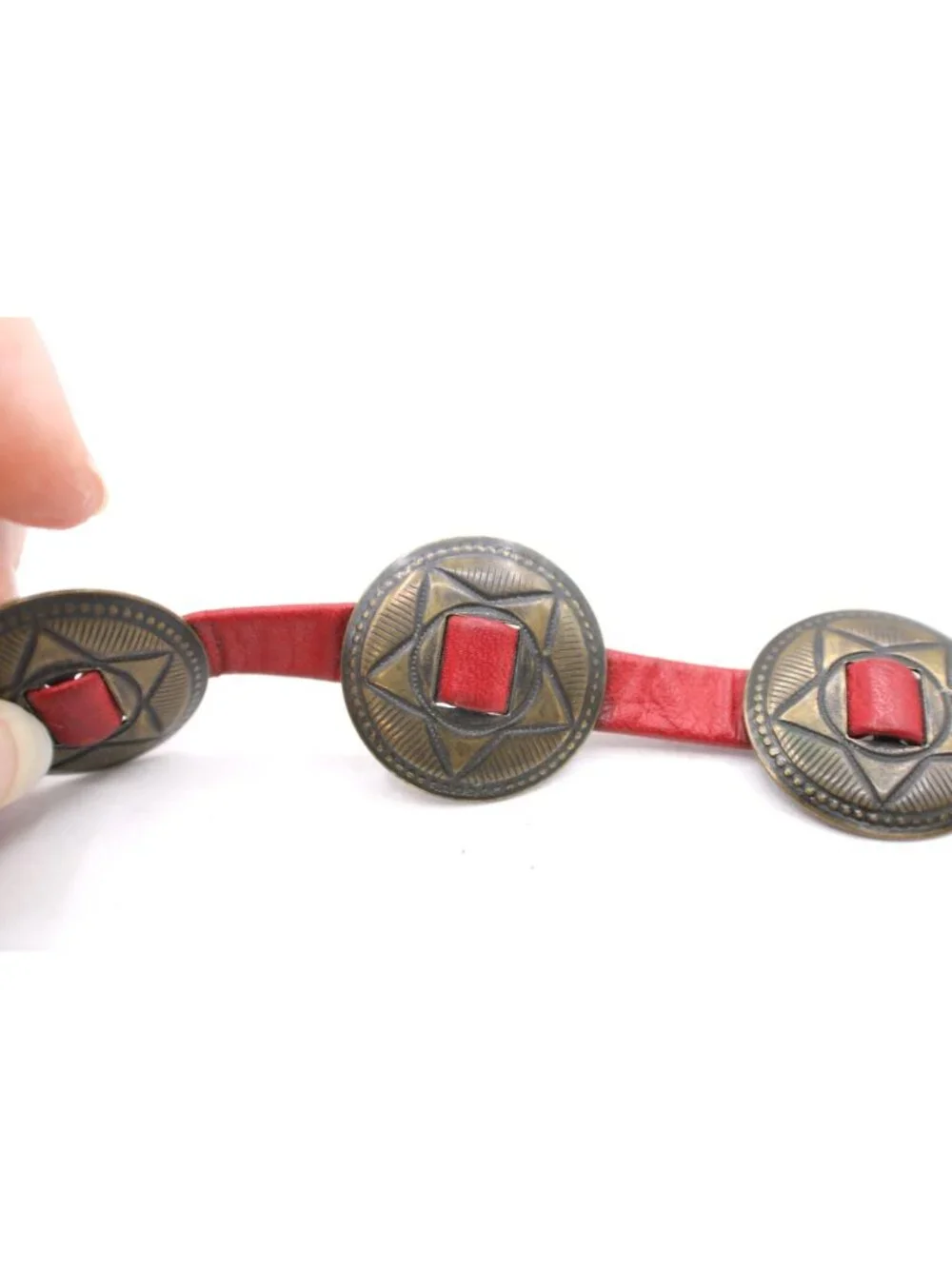 Red Leather Skinny Belt Brass Star Conchos Tie End No Buckle 46